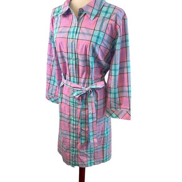 Talbots Plus Pink Blue Plaid Shirt Dress Belted Cotton Casual Career Size 18W - Picture 1 of 5